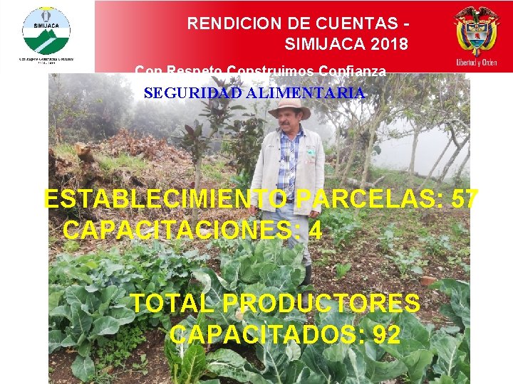 RENDICION DE CUENTAS SIMIJACA 2018 Con Respeto Construimos Confianza SEGURIDAD ALIMENTARIA ESTABLECIMIENTO PARCELAS: 57