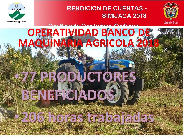 RENDICION DE CUENTAS SIMIJACA 2018 Con Respeto Construimos Confianza OPERATIVIDAD BANCO DE MAQUINARIA AGRICOLA