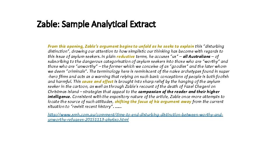 Zable: Sample Analytical Extract From this opening, Zable’s argument begins to unfold as he