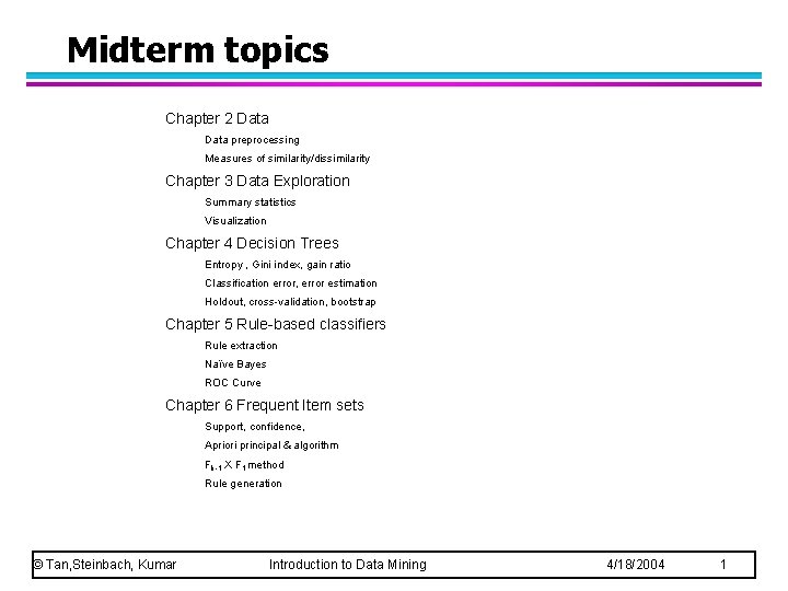 Midterm topics Chapter 2 Data preprocessing Measures of similarity/dissimilarity Chapter 3 Data Exploration Summary Midterm topics Chapter 2 Data preprocessing Measures of similarity/dissimilarity Chapter 3 Data Exploration Summary