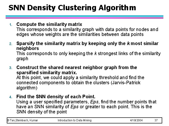SNN Density Clustering Algorithm 1. Compute the similarity matrix This corresponds to a similarity SNN Density Clustering Algorithm 1. Compute the similarity matrix This corresponds to a similarity