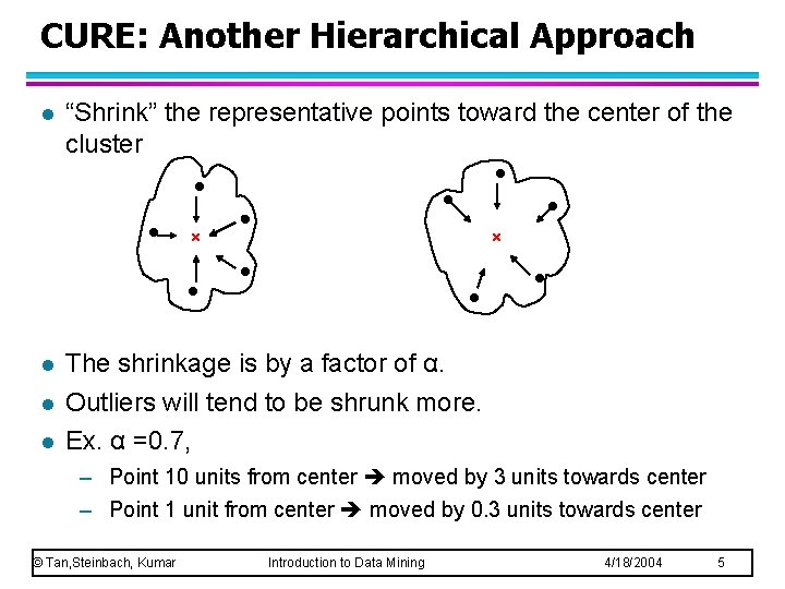 CURE: Another Hierarchical Approach l “Shrink” the representative points toward the center of the CURE: Another Hierarchical Approach l “Shrink” the representative points toward the center of the