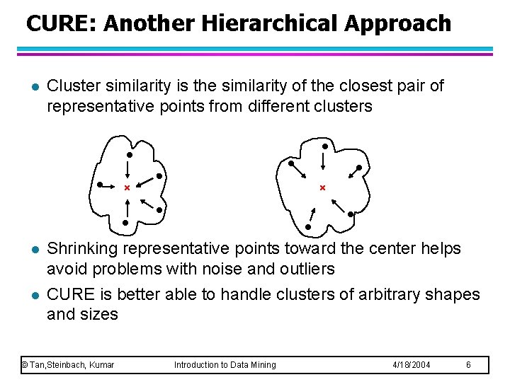 CURE: Another Hierarchical Approach l Cluster similarity is the similarity of the closest pair CURE: Another Hierarchical Approach l Cluster similarity is the similarity of the closest pair