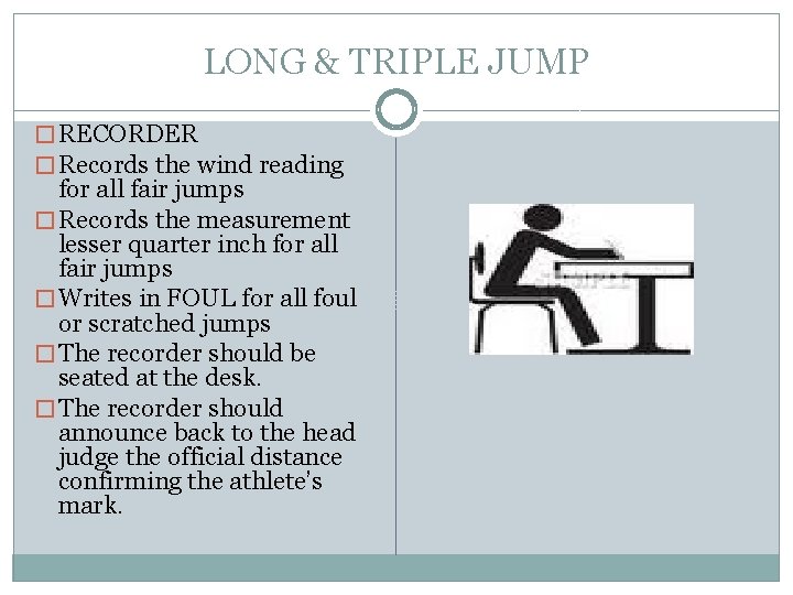 LONG & TRIPLE JUMP � RECORDER � Records the wind reading for all fair