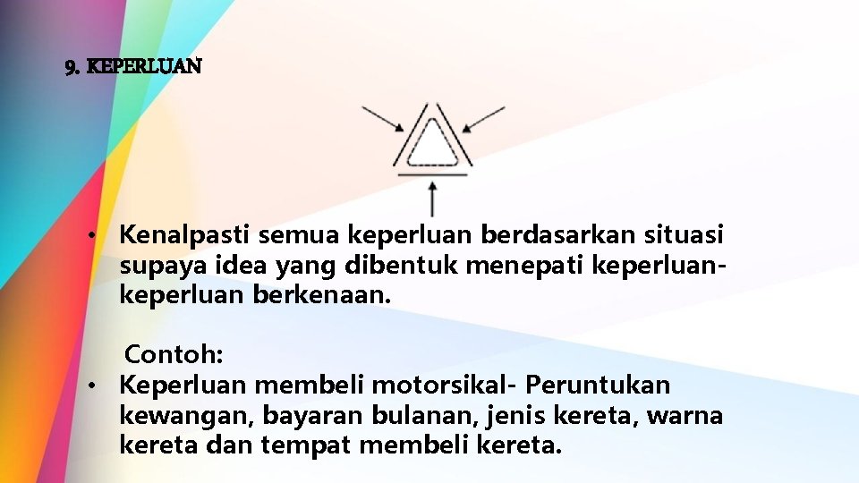 9. KEPERLUAN • Kenalpasti semua keperluan berdasarkan situasi supaya idea yang dibentuk menepati keperluan