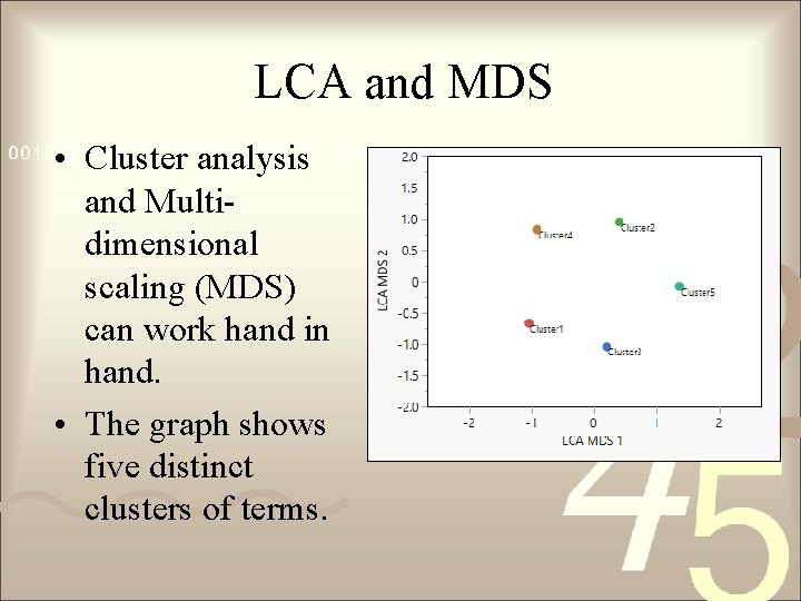 LCA and MDS • Cluster analysis and Multidimensional scaling (MDS) can work hand in