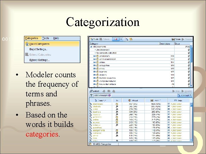 Categorization • Modeler counts the frequency of terms and phrases. • Based on the