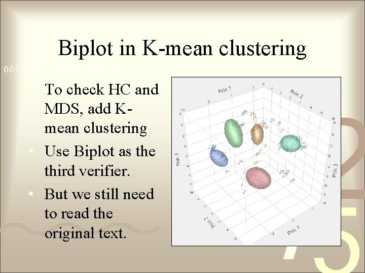 Biplot in K-mean clustering • To check HC and MDS, add Kmean clustering •