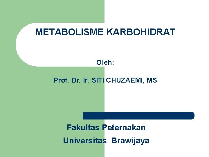 METABOLISME KARBOHIDRAT Oleh: Prof. Dr. Ir. SITI CHUZAEMI, MS Fakultas Peternakan Universitas Brawijaya 