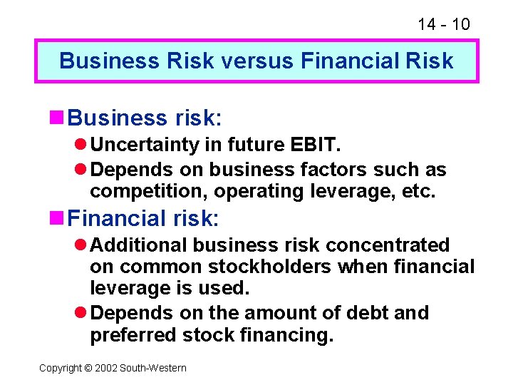 14 - 10 Business Risk versus Financial Risk n Business risk: l Uncertainty in