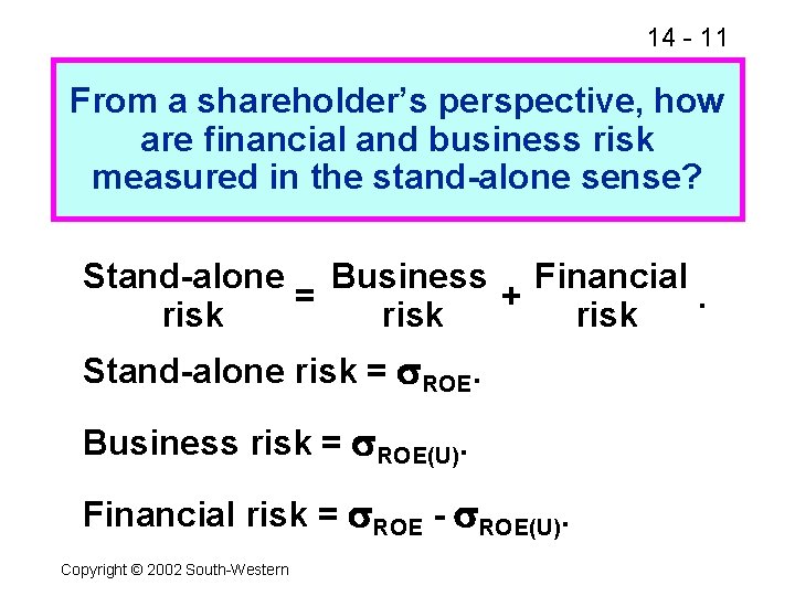 14 - 11 From a shareholder’s perspective, how are financial and business risk measured