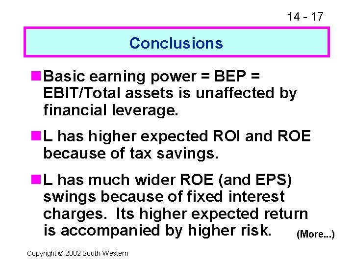 14 - 17 Conclusions n Basic earning power = BEP = EBIT/Total assets is