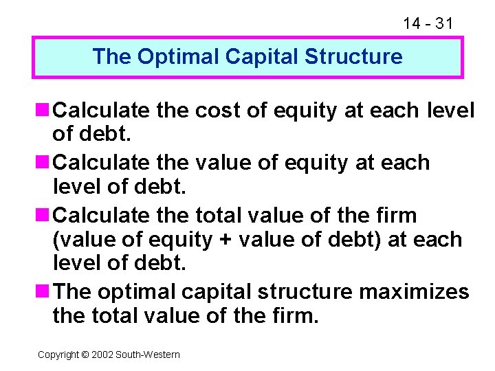 14 - 31 The Optimal Capital Structure n Calculate the cost of equity at