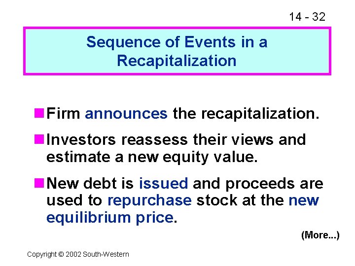14 - 32 Sequence of Events in a Recapitalization n Firm announces the recapitalization.