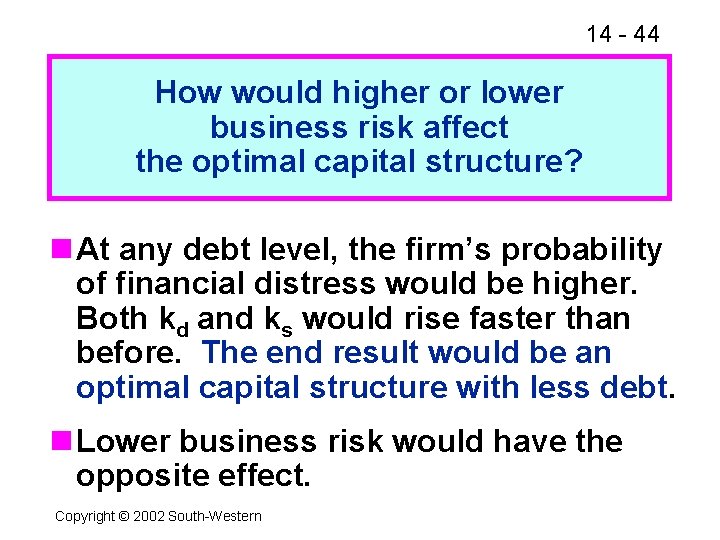 14 - 44 How would higher or lower business risk affect the optimal capital
