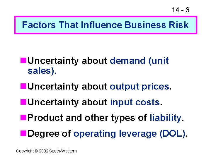 14 - 6 Factors That Influence Business Risk n Uncertainty about demand (unit sales).