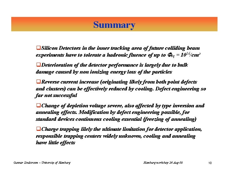 Summary q. Silicon Detectors in the inner tracking area of future colliding beam experiments Summary q. Silicon Detectors in the inner tracking area of future colliding beam experiments