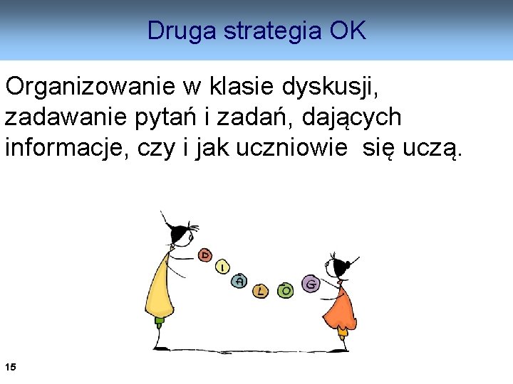 Druga strategia OK Organizowanie w klasie dyskusji, zadawanie pytań i zadań, dających informacje, czy