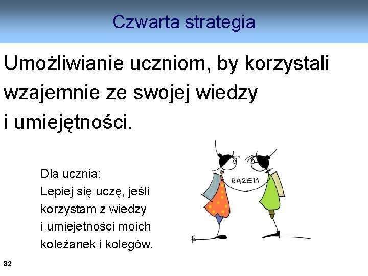 Czwarta strategia Umożliwianie uczniom, by korzystali wzajemnie ze swojej wiedzy i umiejętności. Dla ucznia: