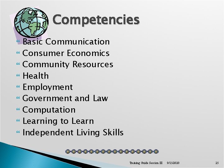 Competencies Basic Communication Consumer Economics Community Resources Health Employment Government and Law Computation Learning