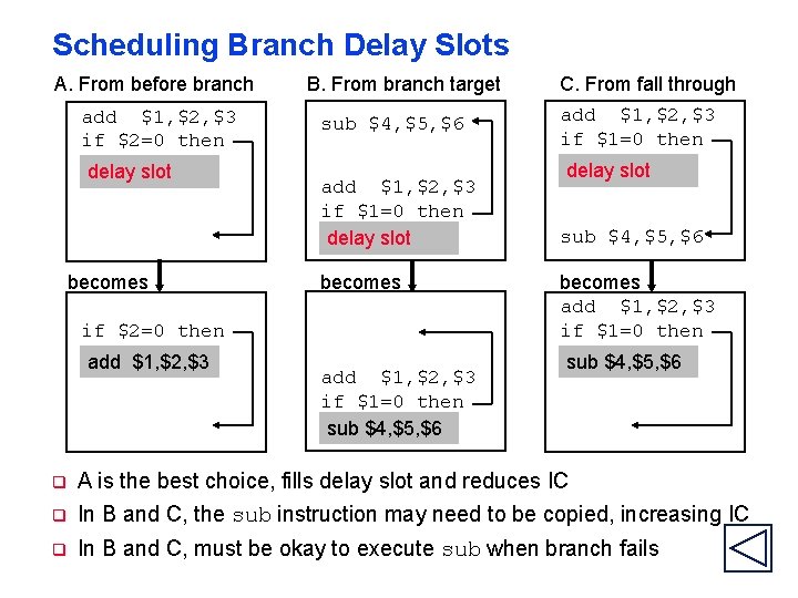 Scheduling Branch Delay Slots A. From before branch add $1, $2, $3 if $2=0