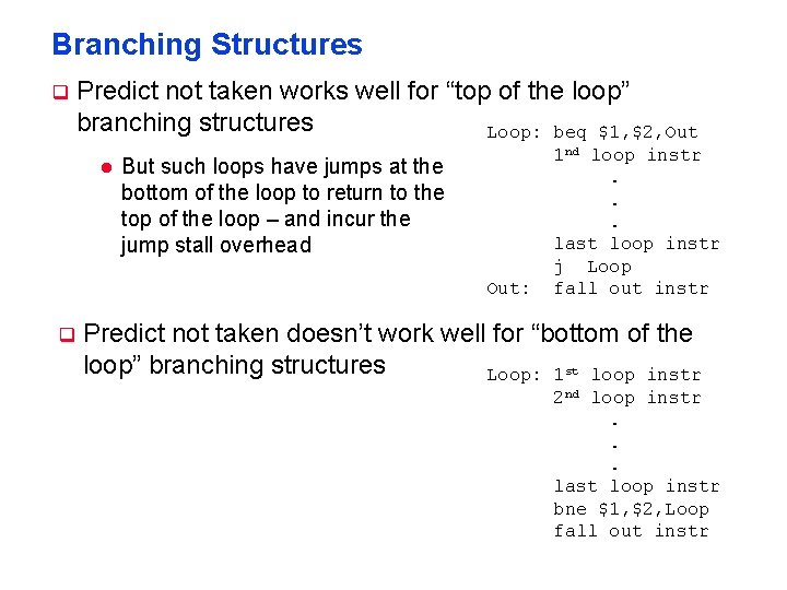 Branching Structures q Predict not taken works well for “top of the loop” branching