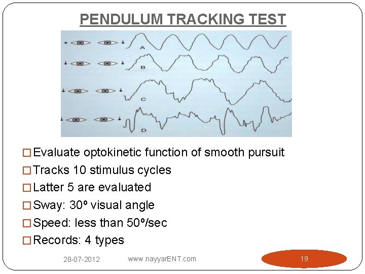 PENDULUM TRACKING TEST � Evaluate optokinetic function of smooth pursuit � Tracks 10 stimulus