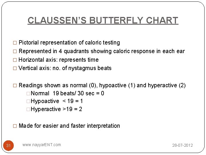 CLAUSSEN’S BUTTERFLY CHART � Pictorial representation of caloric testing � Represented in 4 quadrants