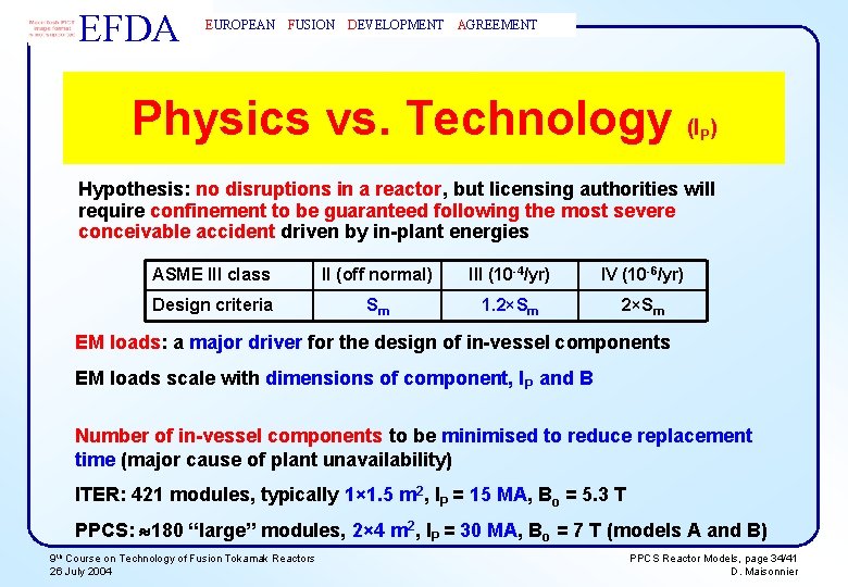 EFDA EUROPEAN FUSION DEVELOPMENT AGREEMENT Physics vs. Technology (I ) P Hypothesis: no disruptions