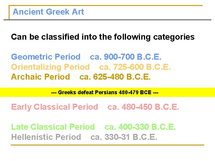 Ancient Greek Art Can be classified into the following categories: Geometric Period ca. 900