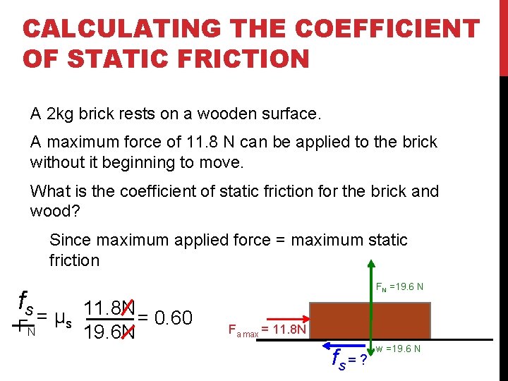 CALCULATING THE COEFFICIENT OF STATIC FRICTION A 2 kg brick rests on a wooden