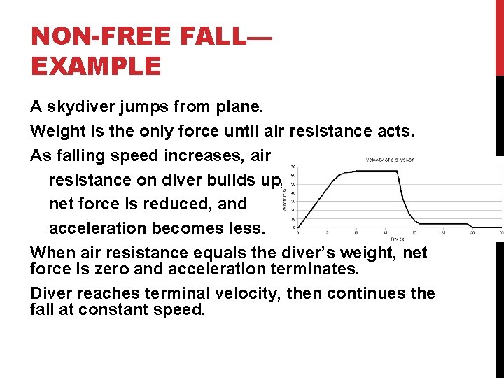 NON-FREE FALL— EXAMPLE A skydiver jumps from plane. Weight is the only force until