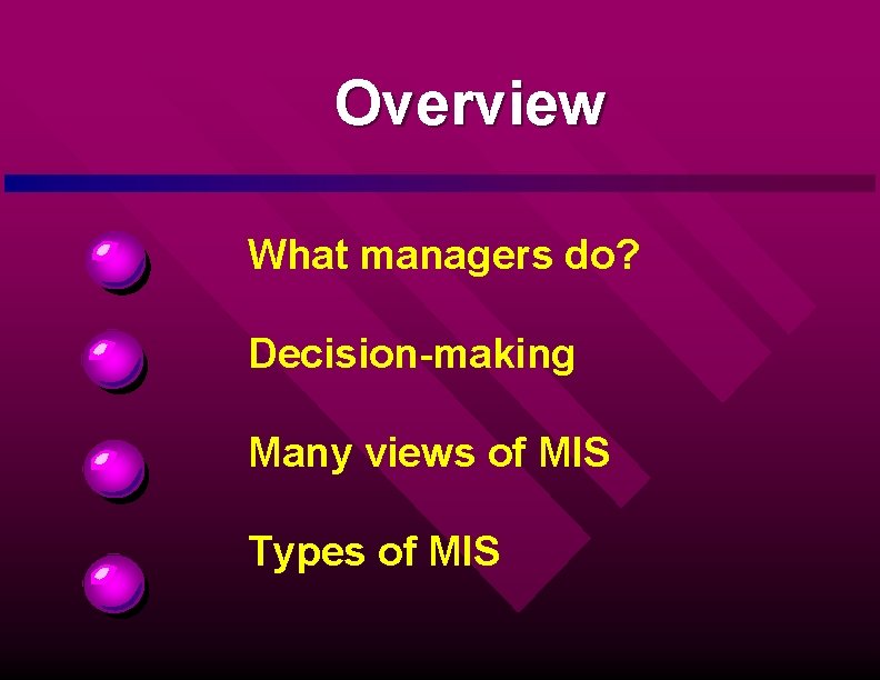 Overview What managers do? Decision-making Many views of MIS Types of MIS 