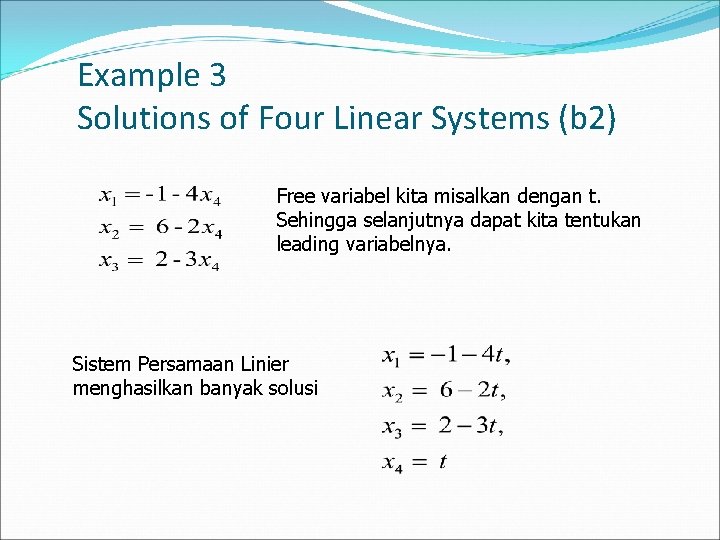 Example 3 Solutions of Four Linear Systems (b 2) Free variabel kita misalkan dengan