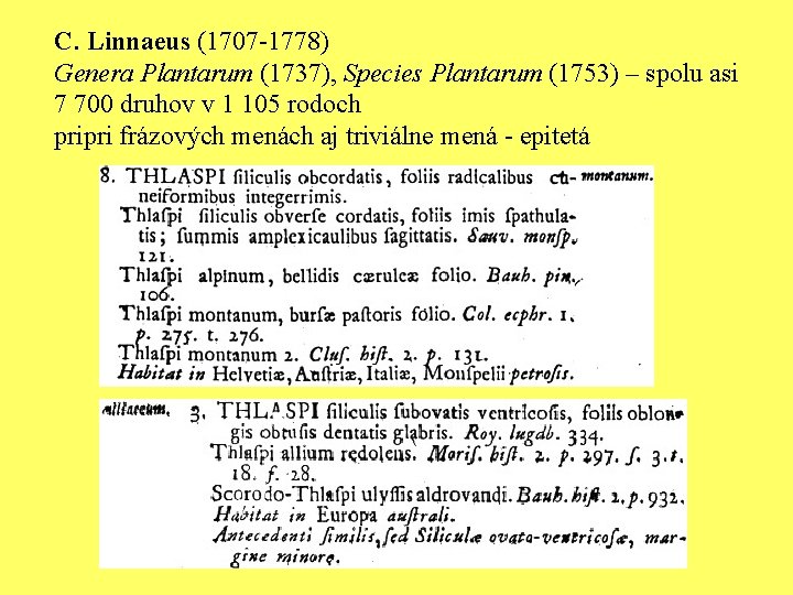 C. Linnaeus (1707 -1778) Genera Plantarum (1737), Species Plantarum (1753) – spolu asi 7