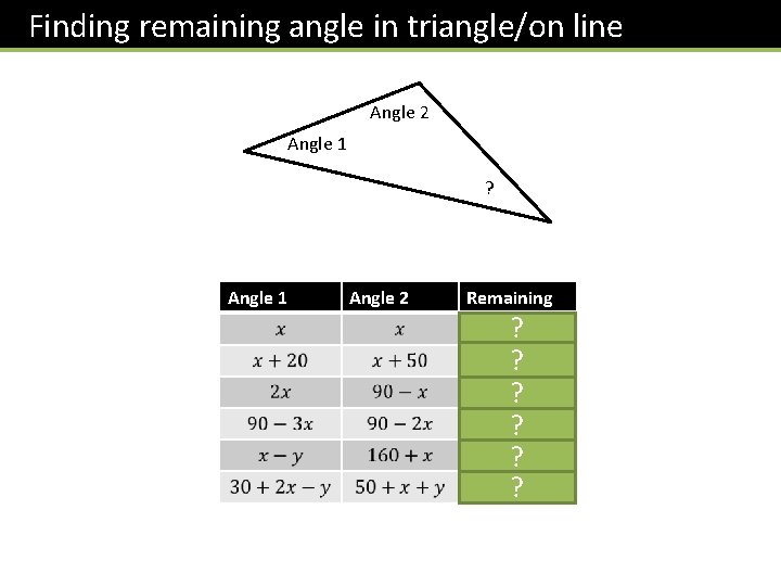 Finding remaining angle in triangle/on line Angle 2 Angle 1 ? Angle 1 Angle Finding remaining angle in triangle/on line Angle 2 Angle 1 ? Angle 1 Angle