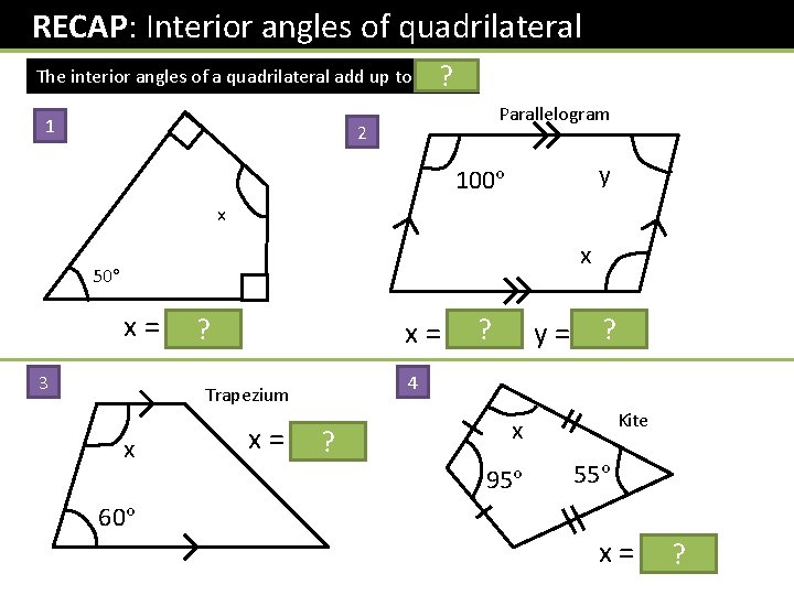 RECAP: Interior angles of quadrilateral The interior angles of a quadrilateral add up RECAP: Interior angles of quadrilateral The interior angles of a quadrilateral add up