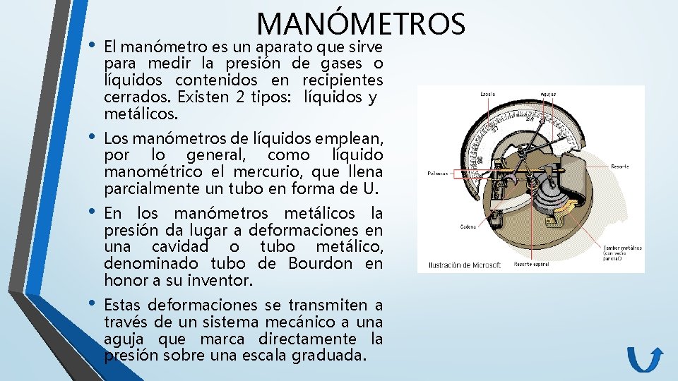 • • MANÓMETROS El manómetro es un aparato que sirve para medir la • • MANÓMETROS El manómetro es un aparato que sirve para medir la
