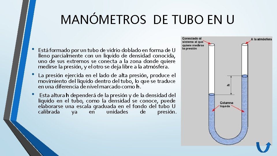 MANÓMETROS DE TUBO EN U • • • Está formado por un tubo de MANÓMETROS DE TUBO EN U • • • Está formado por un tubo de