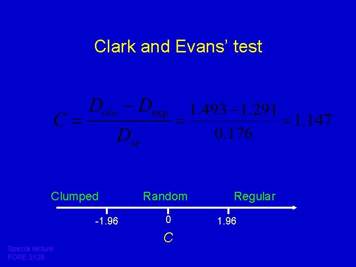 Clark and Evans’ test Clumped -1. 96 Special lecture FORE 3128 Random 0 C