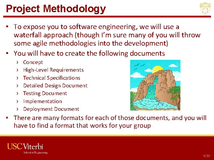 Project Methodology ▪ To expose you to software engineering, we will use a waterfall Project Methodology ▪ To expose you to software engineering, we will use a waterfall