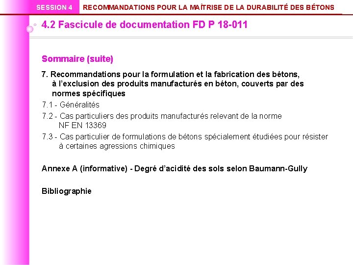 SESSION 4 RECOMMANDATIONS POUR LA MAÎTRISE DE LA DURABILITÉ DES BÉTONS 4. 2 Fascicule