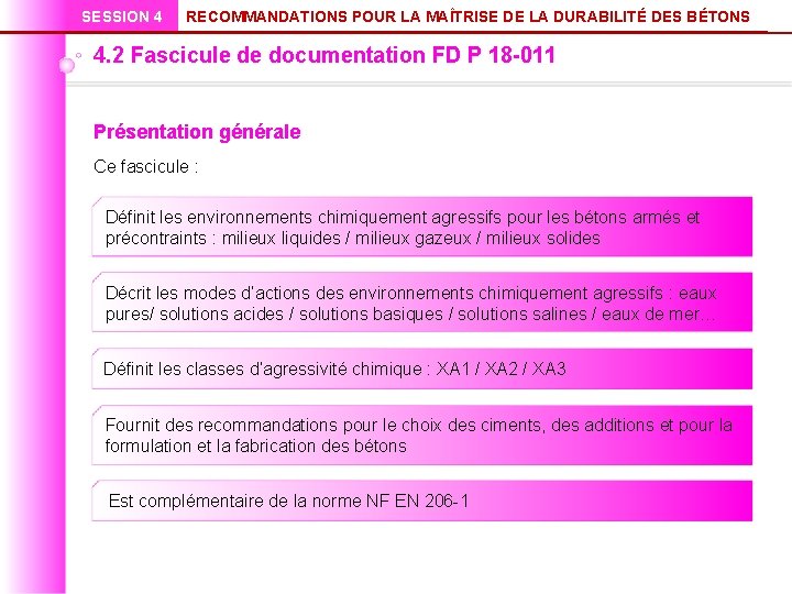 SESSION 4 RECOMMANDATIONS POUR LA MAÎTRISE DE LA DURABILITÉ DES BÉTONS 4. 2 Fascicule