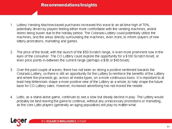 Recommendations/Insights 1. Lottery Vending Machine-based purchases increased this wave to an all-time high of Recommendations/Insights 1. Lottery Vending Machine-based purchases increased this wave to an all-time high of