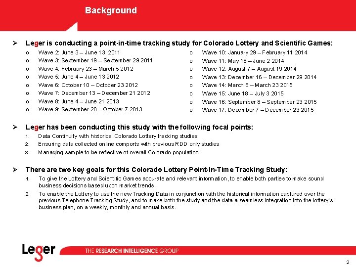 Background Ø Leger is conducting a point-in-time tracking study for Colorado Lottery and Scientific Background Ø Leger is conducting a point-in-time tracking study for Colorado Lottery and Scientific