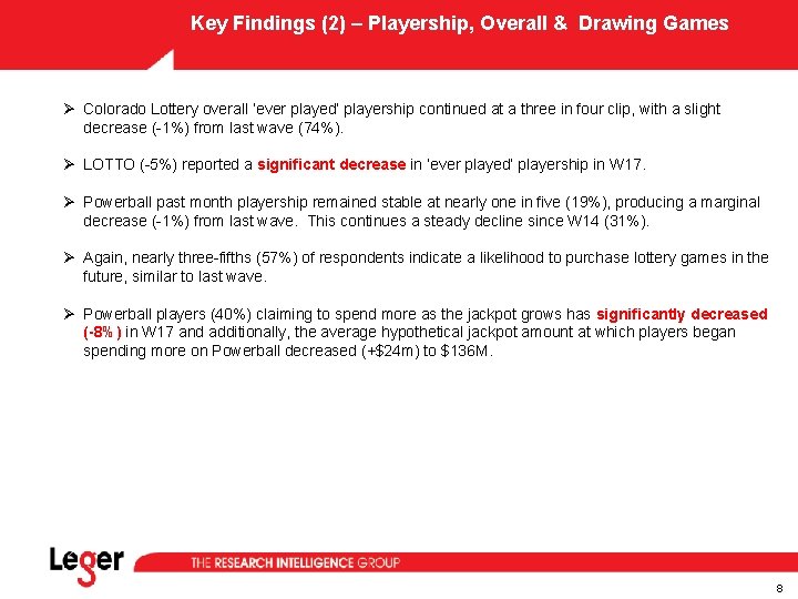 Key Findings (2) – Playership, Overall & Drawing Games Ø Colorado Lottery overall ‘ever Key Findings (2) – Playership, Overall & Drawing Games Ø Colorado Lottery overall ‘ever