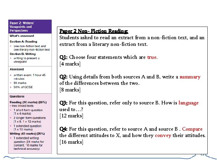 Paper 2 Non- Fiction Reading: Students asked to read an extract from a non-fiction