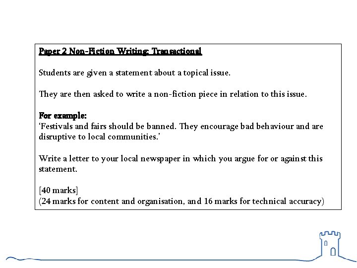 Paper 2 Non-Fiction Writing: Transactional Students are given a statement about a topical issue.