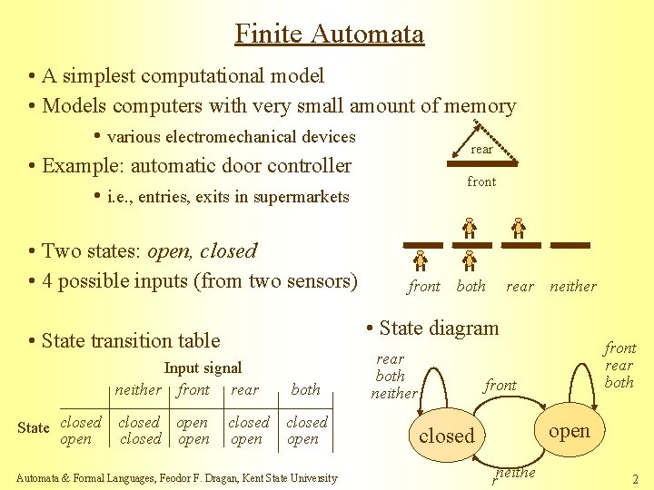 Finite Automata • A simplest computational model • Models computers with very small amount
