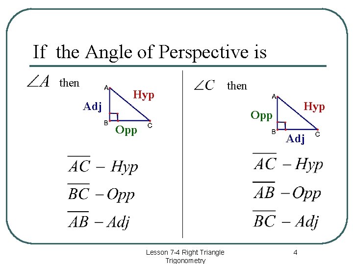 If the Angle of Perspective is then Adj Hyp then Hyp Opp Adj Lesson